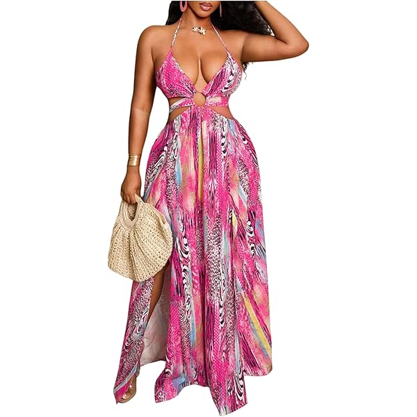 Women's Boho Floral Print Criss Cross Halter Neck Cut Out Maxi Dress  Backless Flowy Ruffle Beach Party Long Dress (Rose Red, Small) at Amazon  Women's Clothing store