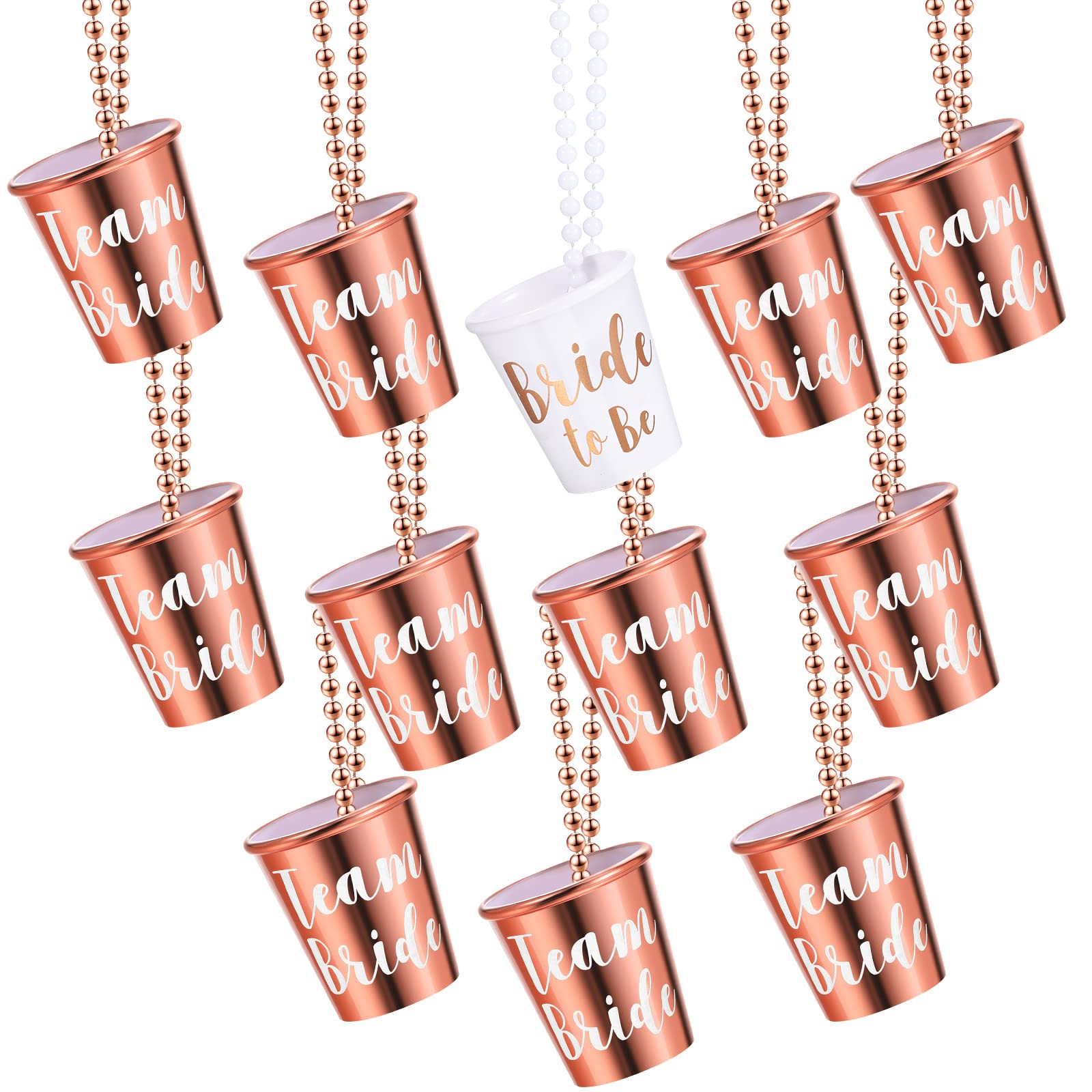 Maitys 12 Pieces Bride Plastic Beaded Bridal Shot Glass Necklace Gold Foil for Bachelorette Party Bridal Party Necklaces (White and Rose Gold)