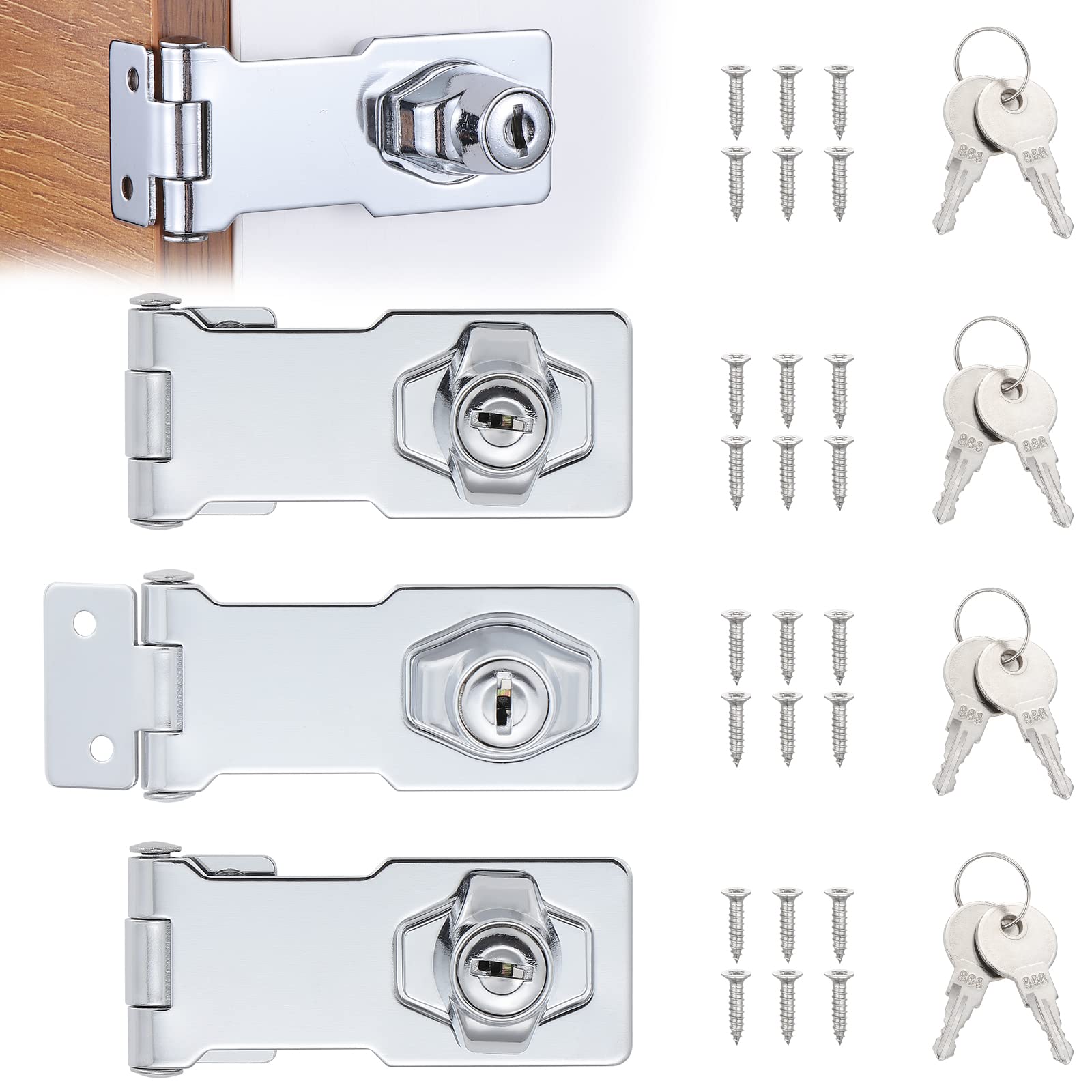 Gueenky 4 Pack Door Lock Hasp with Key, 3 Inch Padlock Hinge Latch Hasp and Staple Security Hasp Latch Lock for Shed Door Cabinet Cupboard Drawer Furniture