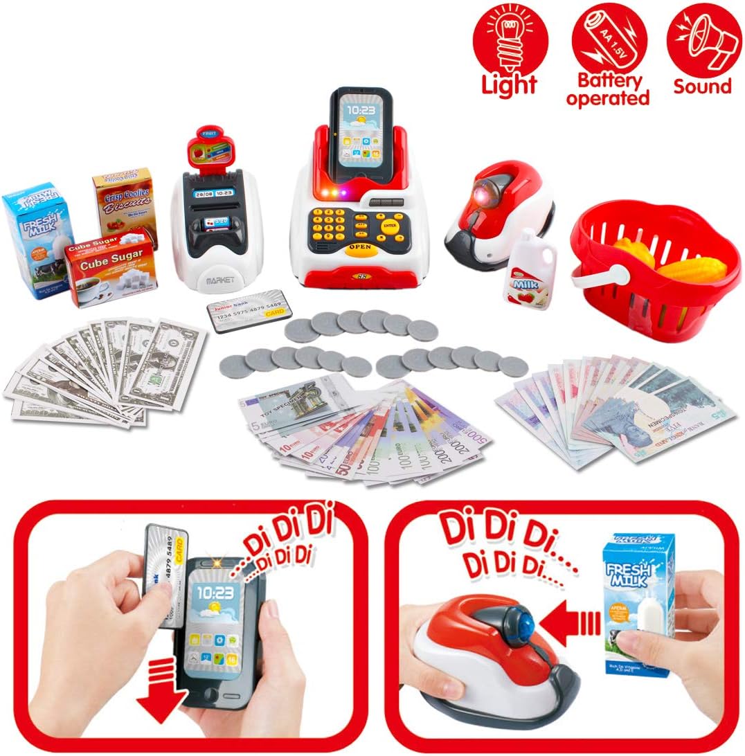 deAO Kids Toy Till Cash Register with Scanner, Play Food and Shopping Basket - Image 3