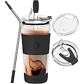 Hemli 19 oz. Double Wall Glass Coffee Tumbler, To Go Travel Mug with Lid, Portable Glass Thermos with Straw, Reusable Cup, Tea, Smoothies, Ice Coffee, and Boba