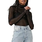 Sheer Mesh Long Sleeve Layering Top for Women Mock Neck Floral Lace Tshirt See Through Tee Shirt Blouse