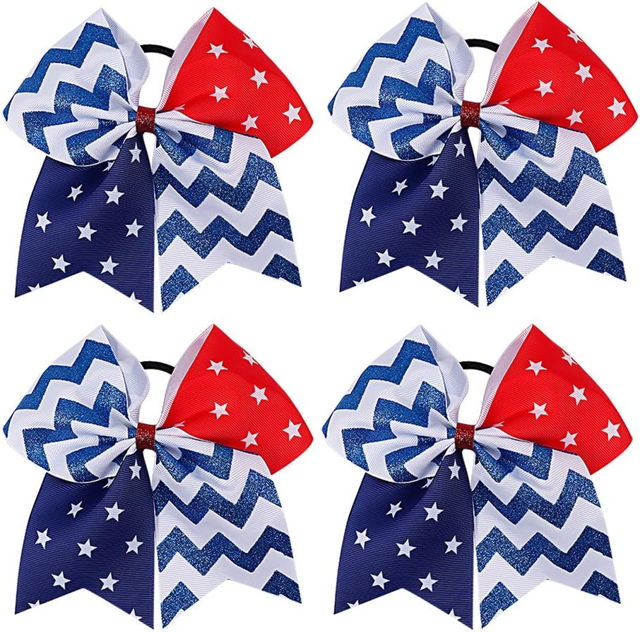 Subesty 4th Of July cheerleader Hair Bow Baby Girls Boutique Patriotic Glitter Bows Ponytail Holder Elastic Hair Ties Set Of 4