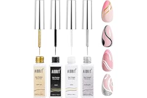 AIBRIT Gel Liner Art Polish Set 10ml, 4 Colors Black White Gold Silver Design Paint with Thin Brush in Bottle for Swirl/ Euphoria French Tips Manicure Painting DIY at Home