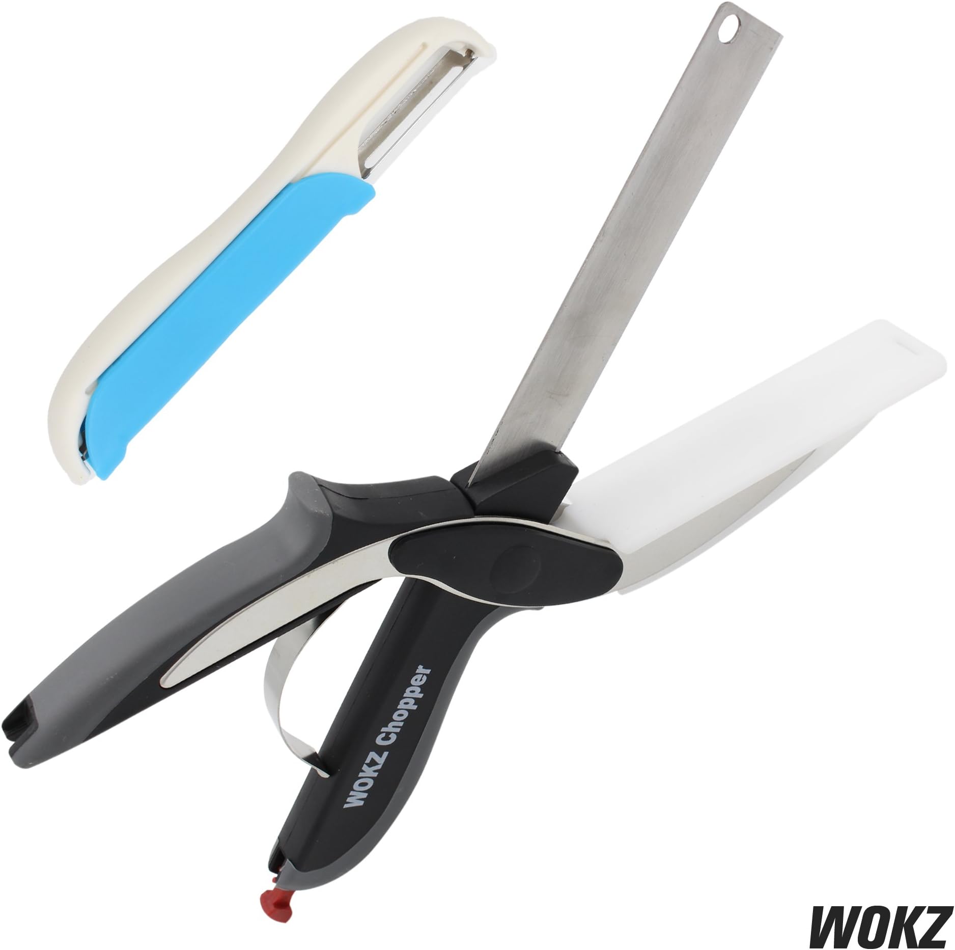 WOKZ 2-in-1 Food Chopper, Vegetable Chopper, Vegetable Cutter, Kitchen Knife and Cutting Board, Kitchen Scissors. Perfect Alternative to Kitchen Knife and Board..Plus Bonus FREE Fruit Peeler!!!