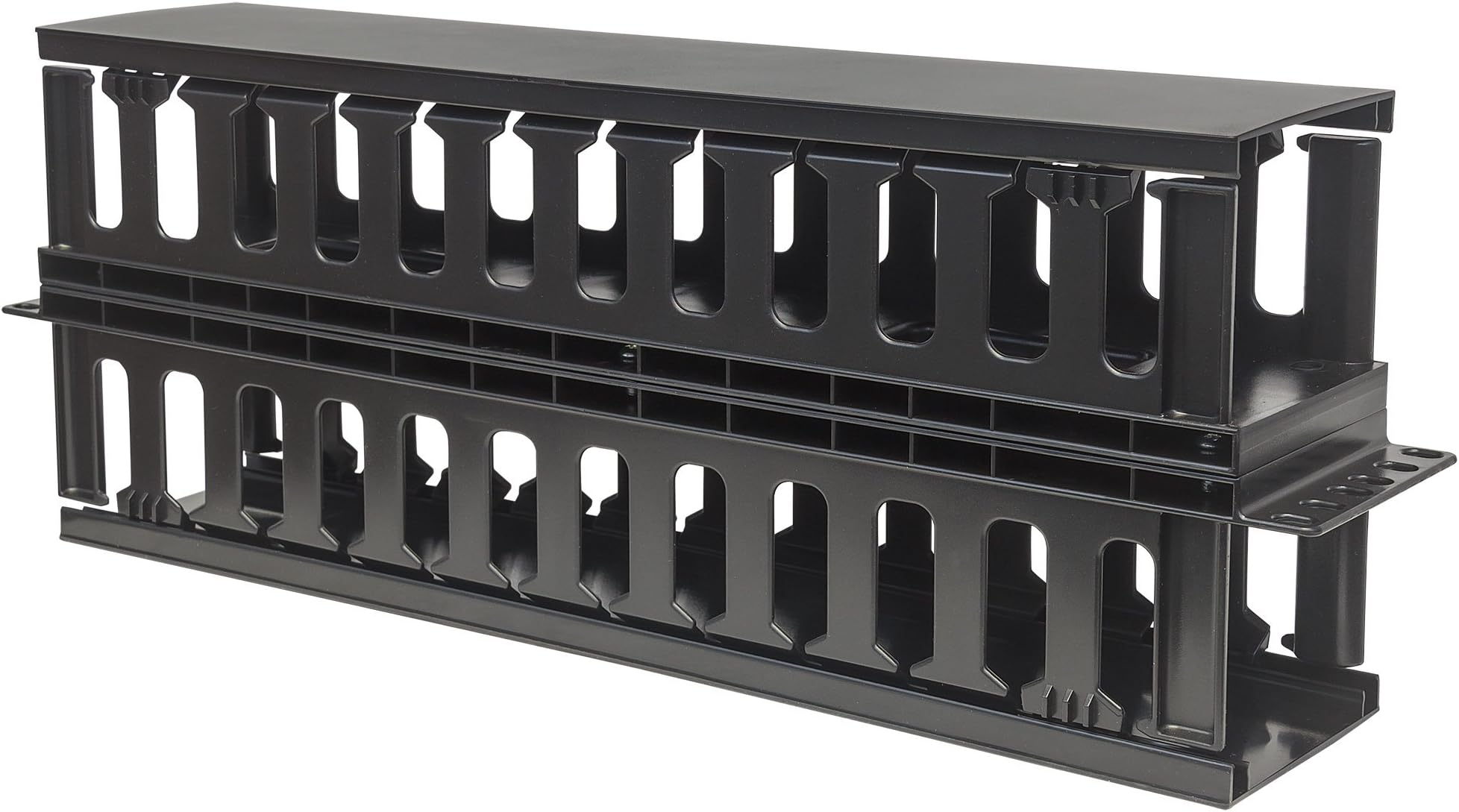 Intellinet 714662 19" Cable Management Panel, 19" Rackmount Cable Manager, 2U, Double-Sided with Covers, Black