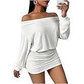 MakeMeChic Women's Fall Off The Shoulder Mini Dress Ruched Long Sleeve Rib Knitted Short Dresses