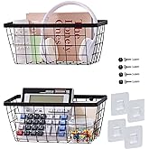 LIGHT DUST Wall Hanging Baskets - 2 Black Baskets Set Wire Basket Metal Organizer Bins for Kitchen Pantry Cabinet Bathroom Shower Door RV [Included Adhesive Hooks & Wall Mounted Screws]