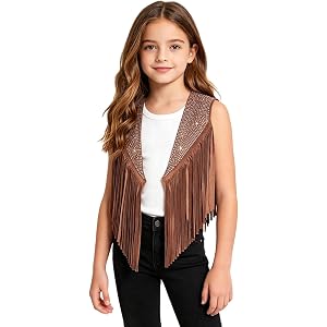 LiiYii Western Wild Girls Dress-up Tassels Jacket Sparkly Rhinestones Vest Dress Up Party Tops for Disco