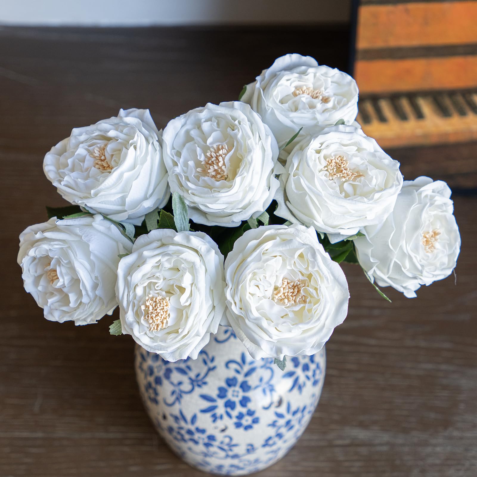 DUYONE White 4pcs Fake Flowers for Decoration Home Decor Real Touch Artificial Flowers Austin Rose Peony Latex Fake Flower Living Room Decoration Vivid Pink Roses Peonies