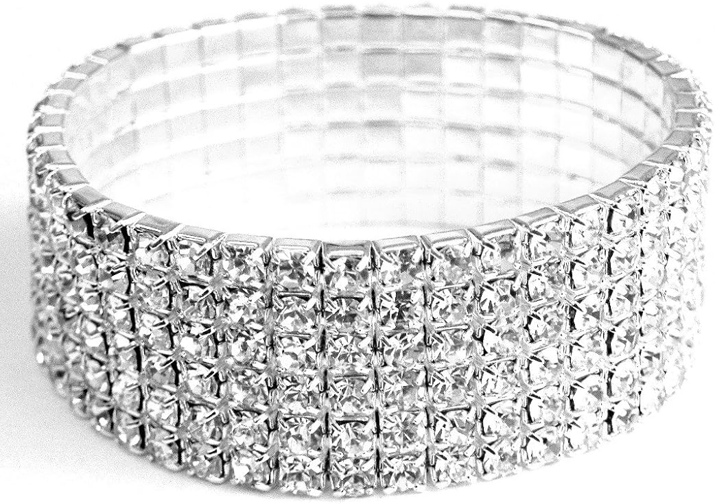 Silver Plated 6 Row Rhinestone Eternity Stretch Bracelet in Gift Box) Jewelry