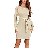Dressystar Women's Long Sleeve Crewneck Ribbed Knit Sweater Dress Casual Elegant Midi with Tie Waist Belt for Fall/Winter