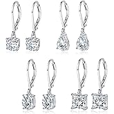 18K White Gold Plated Earrings Round Princess Cut Clear Cubic Zirconia Tear Drop Dangle Earrings for Women Hypoallergenic