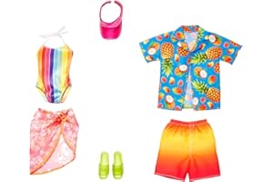 Barbie & Ken Fashions 2-Pack Clothing & Accessories Set, 1 Swimsuit, Sarong & Visor for Barbie Doll & 1 Tropical Shirt, Swimsuit & Shoes for Ken Doll