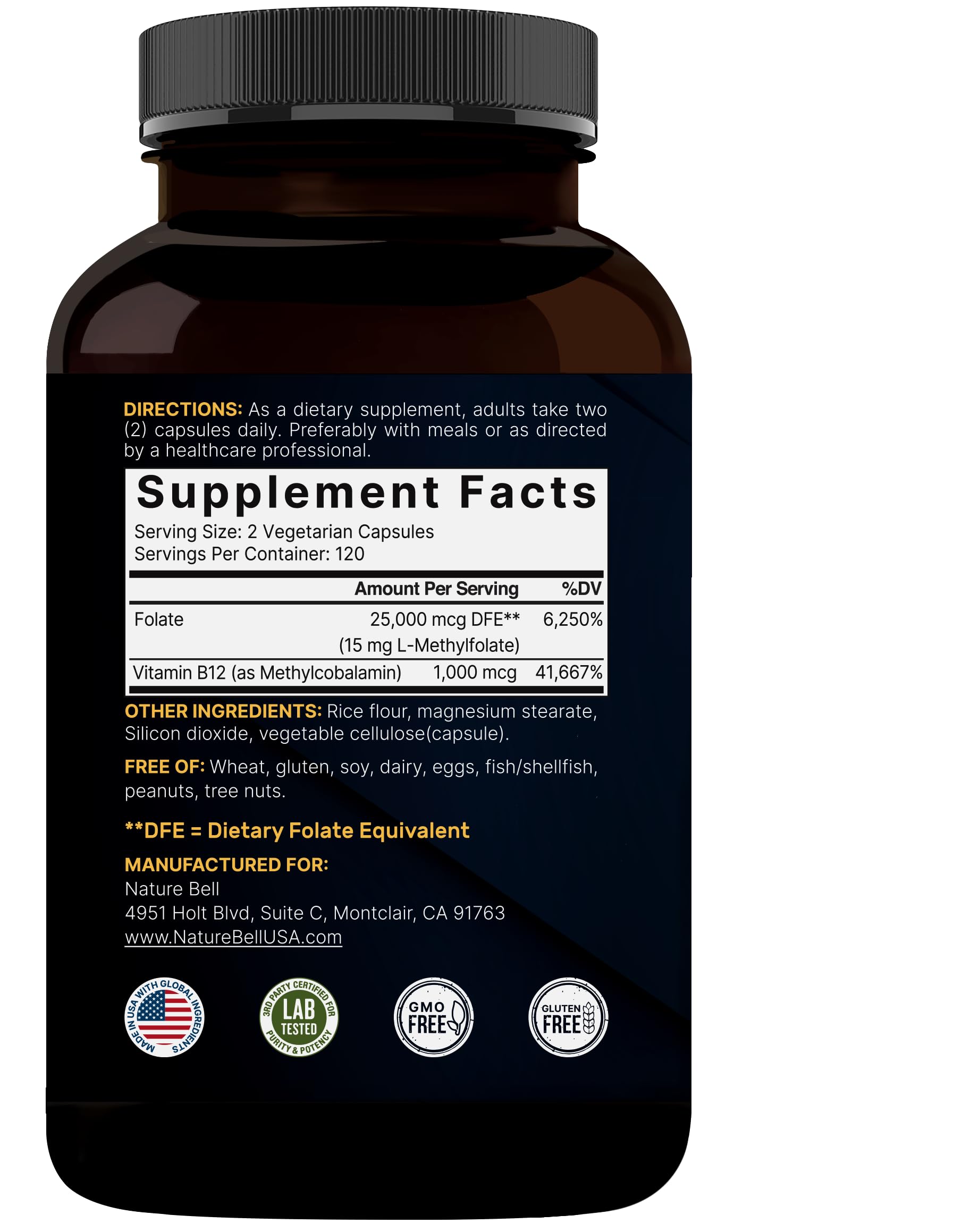 NatureBell L Methylfolate 15mg, 240 Veggie Capsules | 5-MTHF with Methyl B12 1,000mcg | High Potency Dual Action for Energy & Cognitive Support, Active Folic Acid – Methyl Folate Supplement