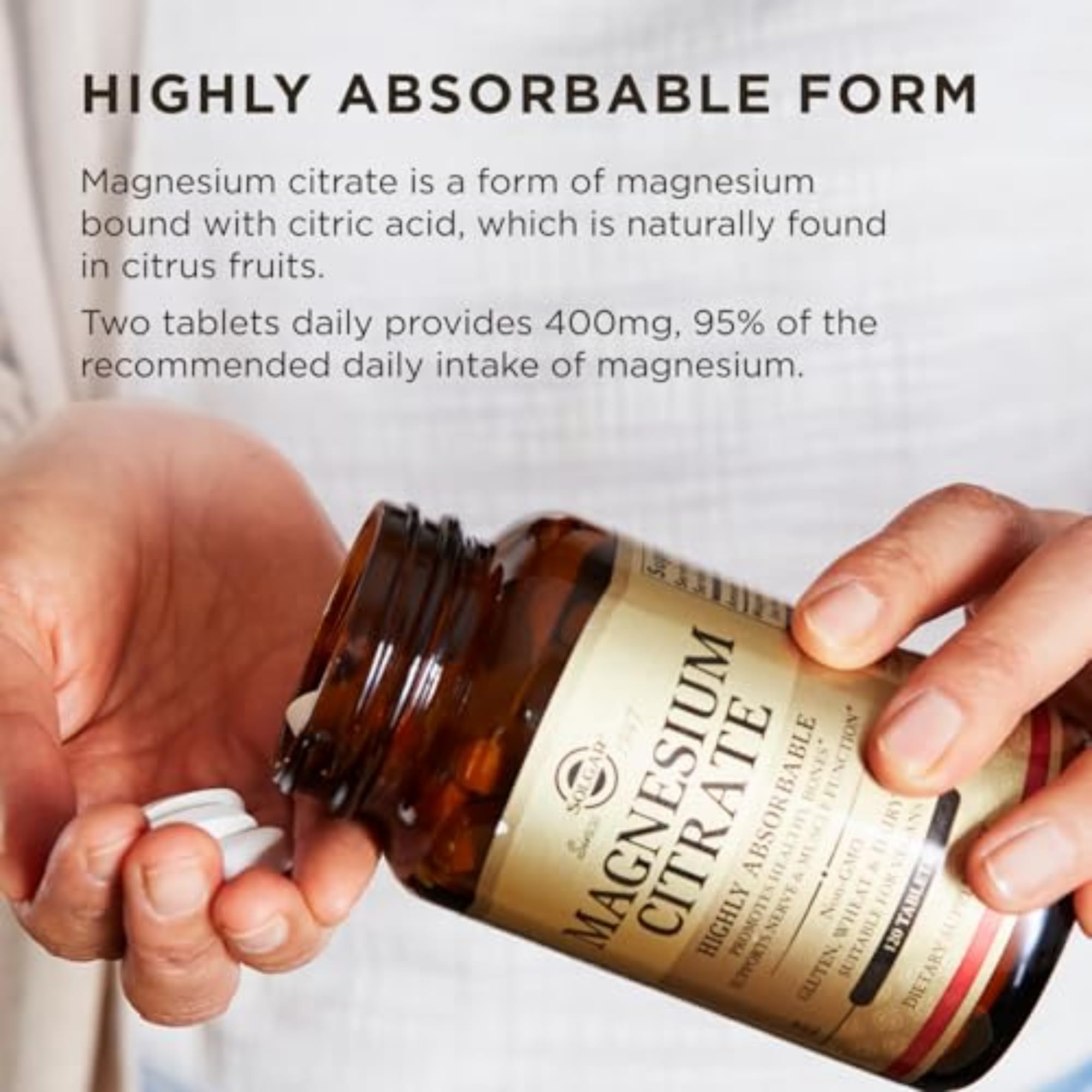 Solgar Magnesium Citrate, 120 Tablets - Promotes Healthy Bones - Supports Nerve & Muscle Function - Non GMO, Vegan, Gluten Free, Dairy Free, Kosher - 60 Servings, Standard Packaging