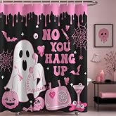 Mocsicka Halloween Shower Curtain Boo Ghost Face Shower Curtain 71x71 inch | （Pink）Cute Spooky Gothic Halloween Bathroom decor Pink Horror Shower Curtain Set with 12 Hooks, Waterproof, Machine Washble