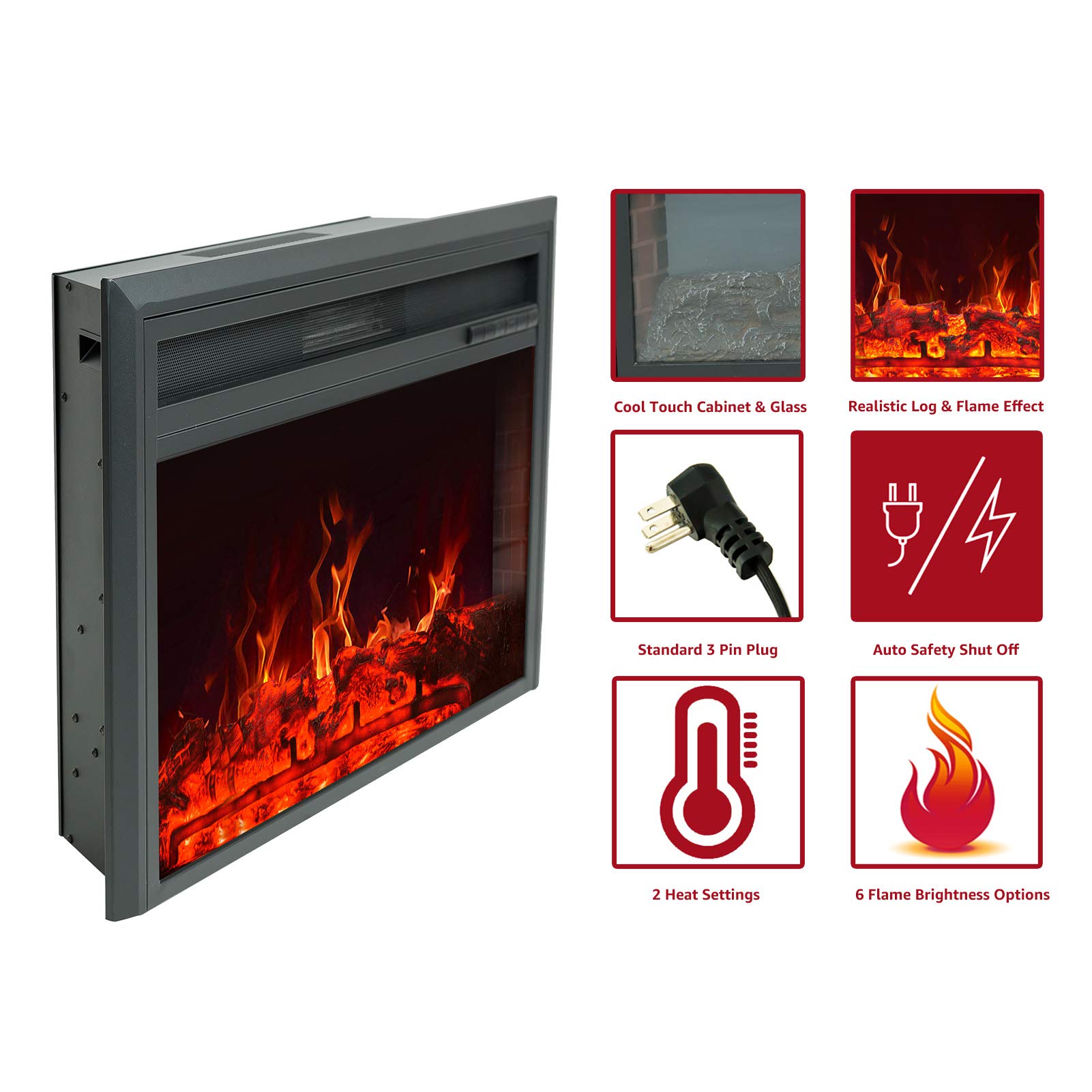 FLAME&SHADE 28 Inch Wide Electric Fireplace Insert, Portable Free-Standing Heater with Remote Control & Timer, 1500/750w
