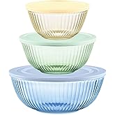 Pyrex Colors (3-Pack, Full Set) Sculpted Tinted Glass Mixing Bowls With Lids, Nesting Space Saving Set of Bowls For Prepping 