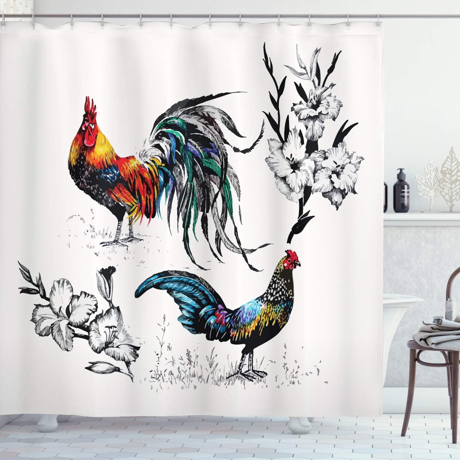 Ambesonne Gallus Shower Curtain, Roosters and Flowers Branches Stems Blooms Blossoms Grasses Wildflowers Artwork, Cloth Fabric Bathroom Decor Set with Hooks, 75