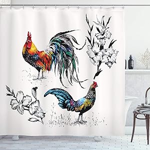 Ambesonne Gallus Shower Curtain, Roosters and Flowers Branches Stems Blooms Blossoms Grasses Wildflowers Artwork, Cloth Fabric Bathroom Decor Set with Hooks, 75