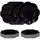SietDESEO 50 PCS Black Paper Plates 7 Inch Scalloped Dessert Plates Black Disposable Plate for Party Dinner Wedding Baby Shower Birthday Cake Plate