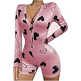 GTETKDE Women's Cute Heart Graphic Romper V Neck Pajama Long Sleeve Button Front Shorts Onesie Bodycon Overal Sleepwear