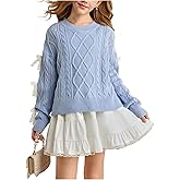 SweatyRocks Girl's Lace Bow Cable Knit Sweater Y2k Long Sleeve Crew Neck Loose Pullover Tops