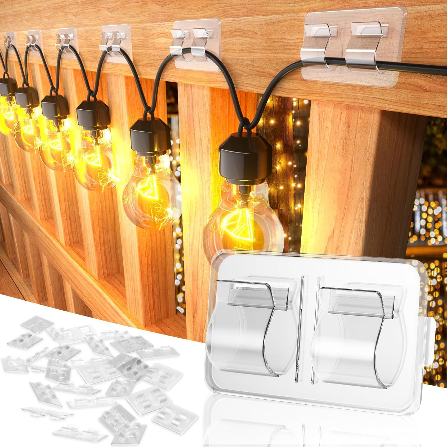 Keviyi Hooks for Outdoor String Lights Clips: 25Pcs Double Hooks for Hanging - Heavy Duty Clear Cable Clips with Waterproof Adhesive Strips - Outside Sticky Hooks No Drill