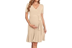 V FOR CITY Maternity Dress Baby Shower Dresses for Women Casual Pleated A Line Waistband Short Sleeve V Neck Knit Summer S-XL