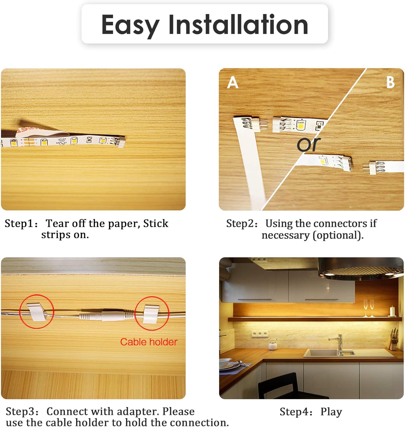Wobane Under Cabinet Lighting Kit, Flexible LED Strip Lights Bar, Under Counter Lights for Kitchen, Cupboard, Desk, Monitor Back, Shelf, 6.6 Feet Tape Light Set, UL Listed, 120 LEDs, 1100lm, 2700K WarmWhite - - 