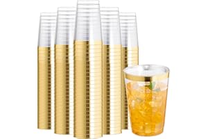 I00000 200 Pack 12 oz Gold Plastic Cups, Clear Disposable Cups, Disposable Plastic Wine Glasses Cocktail Glasses Premium Cups