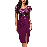 Miusol Women's Classy V-Neck Glitter Sequin Lace Cap Sleeve Cocktail Party Dress