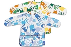 BOUBONI 2 Pcs Kids Art Smock Painting Toddler Smock Long Sleeve with 3 Pockets for Kids Art Painting Activity Kitchen Crafts (Blue, Green)