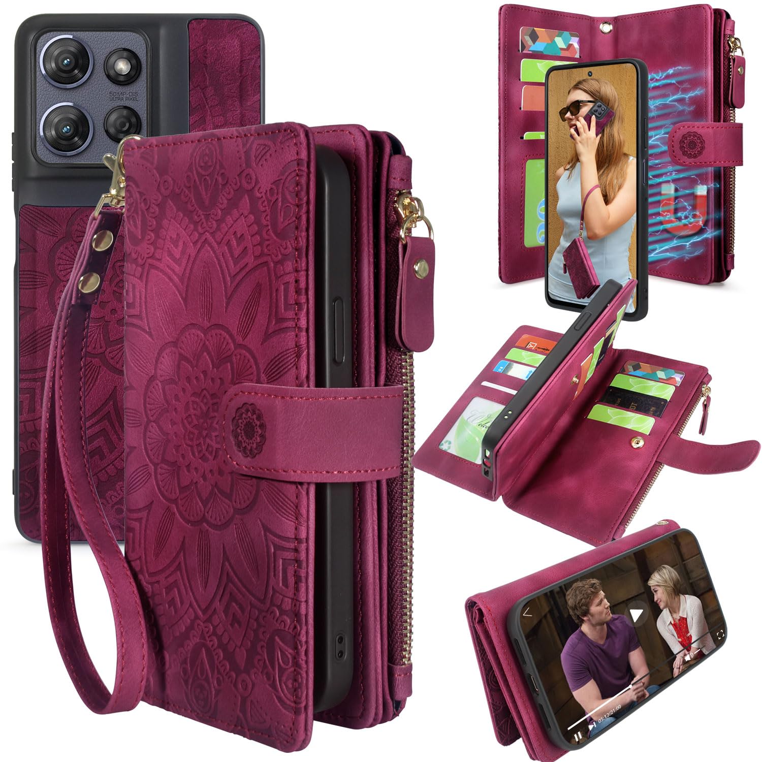 Harryshell Detachable Wallet Leather Case Compatible with Motorola Moto G Power 2025 / G Power 2026 Magnetic Phone Case Zipper Cash Coin Pocket Multi Card Slots Holder Wrist Strap (Flower Wine Red)
