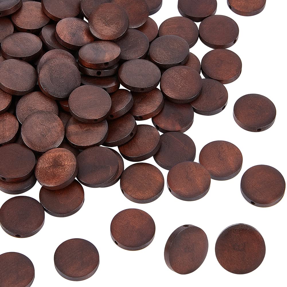 PH PandaHall 100pcs Flat Round Wooden Beads, 20x5mm Natural Pear Wood Beads Wooden Coin Bead Dyed Circle Disc Loose Hair Bead for Braided Hair Garland Macrame Jewelry Making, Saddle Brown