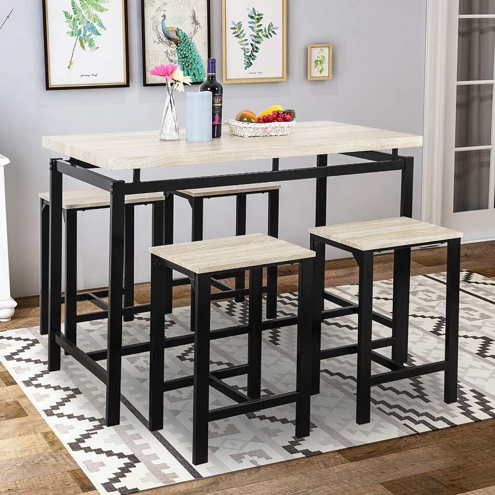 5 Pieces Dining Table Set, Rockjame Modern Counter Height Pub Table with 4 Chairs, Perfect for The Bar, Breakfast Nook and Kitchen (Beige)