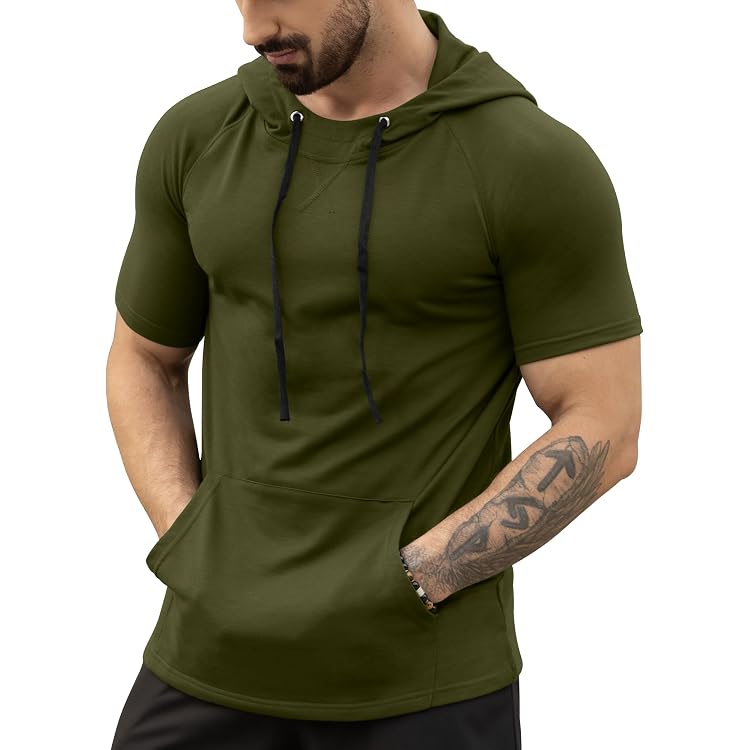 SHERUPOO Men's Short Sleeve Hoodie - Lightweight Cotton Workout & Casual Pullover (Khaki, XX-Large) - View #7