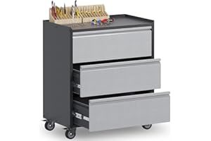 Reemoon Metal Garage Storage Cabinet with Wheels, Rolling Tool Chests & Cabinets with 3 Drawers, Black & Gray-Required Assembly