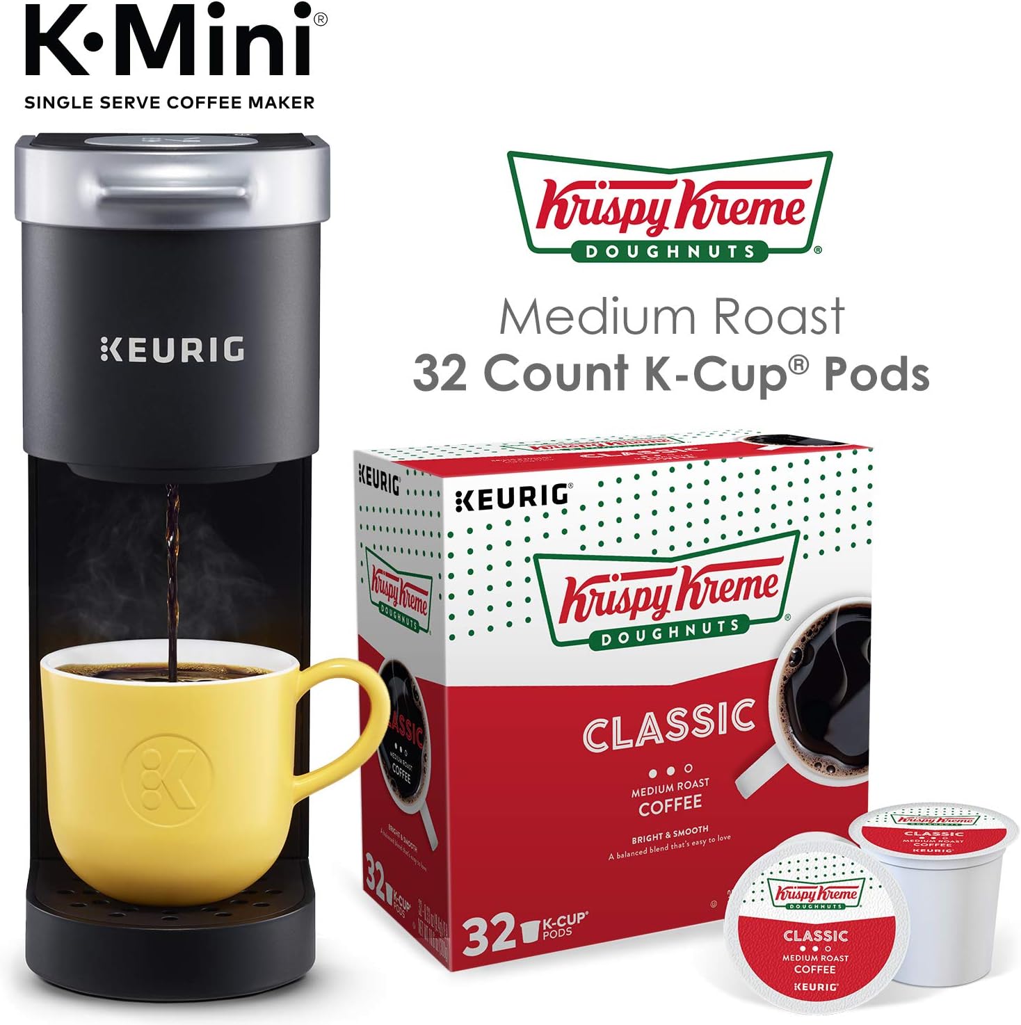 Keurig K-Mini Single Serve Coffee Maker with Krispy Kreme Coffee Pods, 32 count