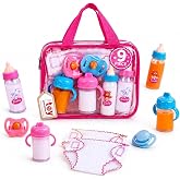 BABESIDE 9 Pcs Baby Doll Accessories with Storage Bag for 12-15 Inch Dolls | Baby Doll Feeding Accessories Set with Magic Bottles, Pacifiers, Diapers &amp; Carry Bag, Pretend Play Toys for Kids