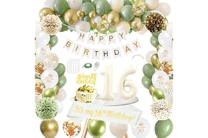 GYESXYW Sage Green 16th Birthday Decorations for Girls, Olive Green and Gold Sweet 16 Party Decorations Set, Happy Birthday Banner, Birthday Sash, Crown, Confetti Balloons for Her Party Supplies