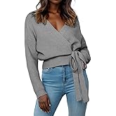 Womens Fall Sweaters 2026 Womens Casual V Neck Wrap Sweater Pullovers Lightweight Ribbed Drop Shoulder Knitted Warm Cozy Tops