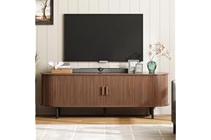 ONBRILL 63" TV Stand with Power Outlet for TVs up to 70 Inch, Entertainment Center with Storage and Adjustable Shelves, Modern Media Console with Sliding Doors for Living Room, Walnut