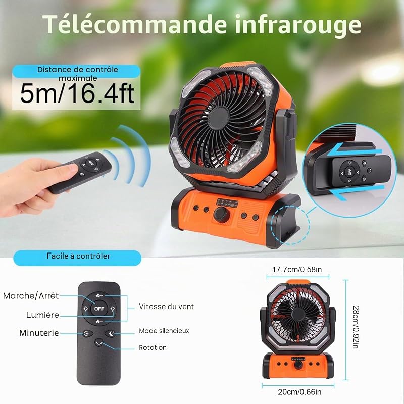 20000 mAh Ventilateur de Camping USB avec Lumière LED, Ventilateur de Bureau Tente Rechargeable Vitesse variable en continu, Télécommande et Crochet, Rotation 270°, pour Pêche Camping Extérieur