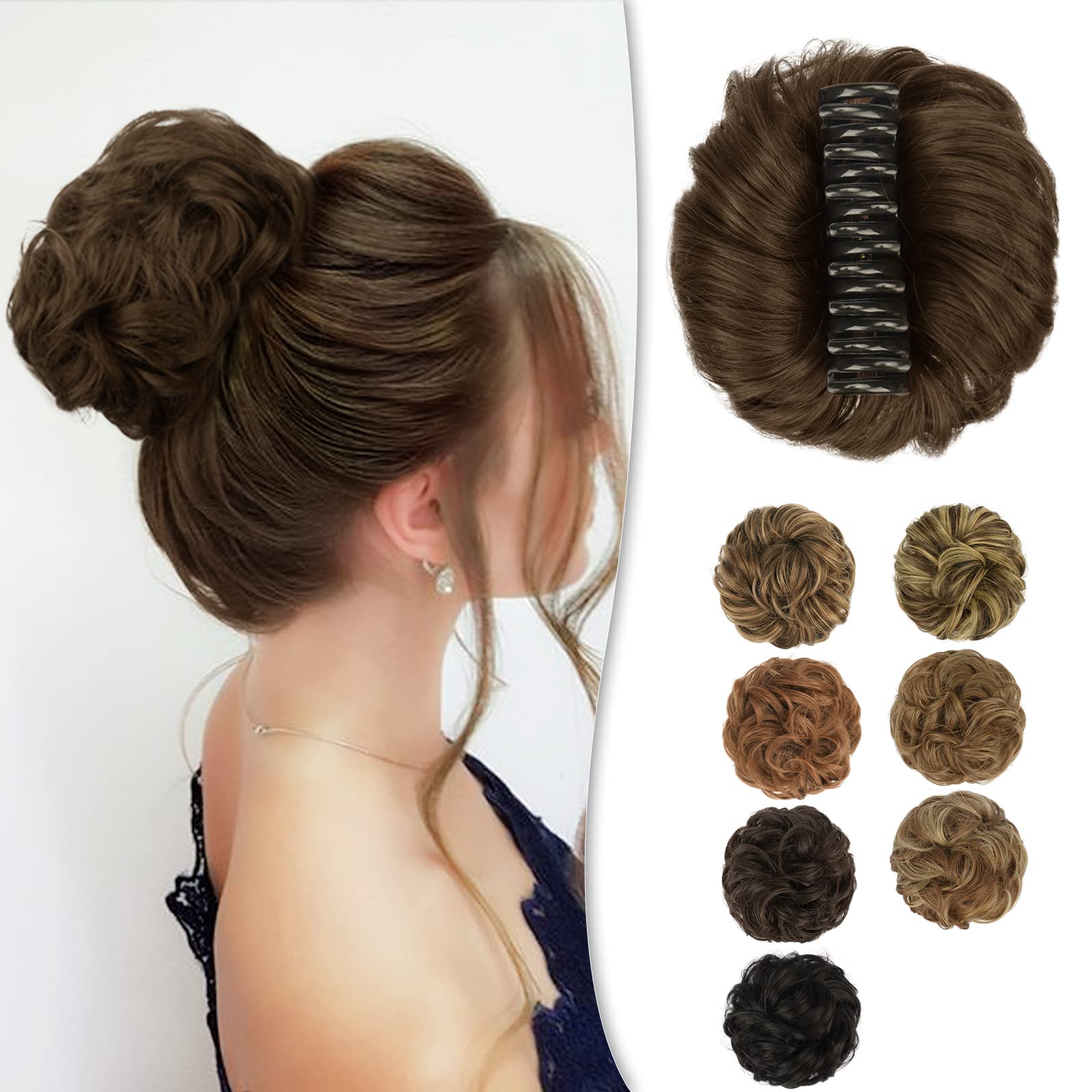 BARSDAR Claw Clip Messy Bun Hairpiece, Clip in Hair Scrunchies Curly Synthetic Hair Bun Extensions for Women Ponytail Updo Hair Donut Chignon