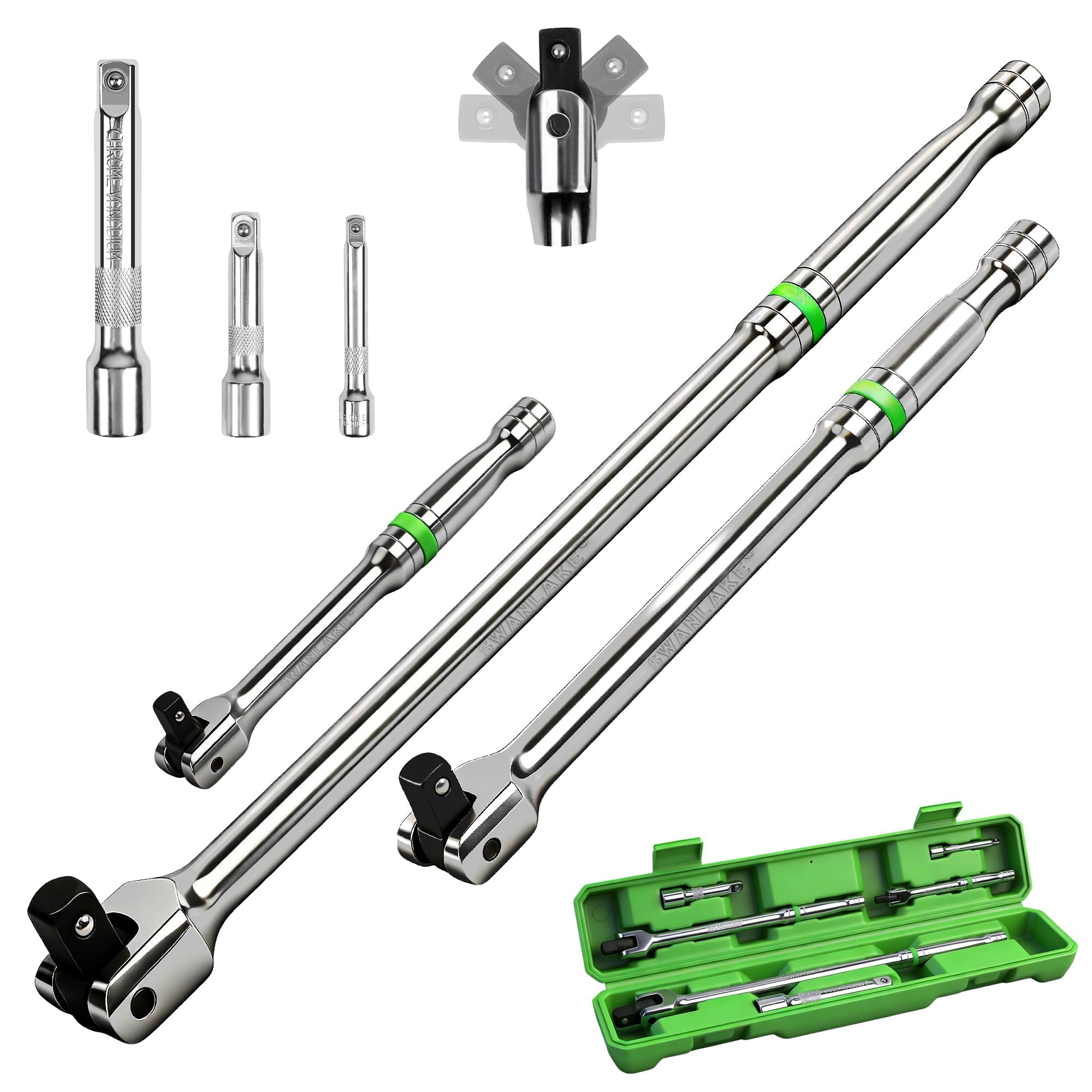 SWANLAKE 6PC Breaker Bar Set,1/4", 3/8" & 1/2" Drive,Heavy Duty Breaker Bars, 6-inch, 10-inch, 15-inch Length with 180° Rotatable Head