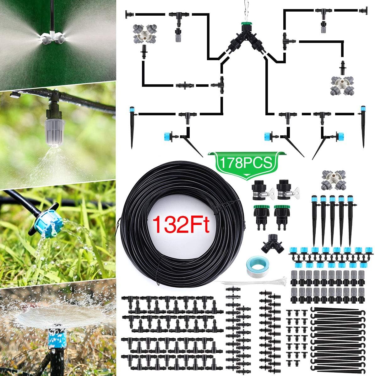 Jeteven 132ft/40m Drip Irrigation Kit Hydroponics Supplies System Drippers Tubing Accessories Tree Watering Automatic Plant Garden Hose Water Sprinkler, Set for Garden Greenhouse Flower Bed Patio Lawn: Home & Kitchen