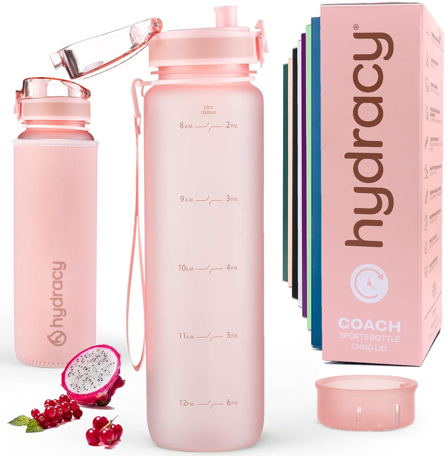 Hydracy Water Bottle with Time Marker -Large 1 Litre BPA Free Water Bottle & No Sweat Sleeve -Leak Proof Gym Bottle with Fruit Infuser Strainer & Times to Drink -Ideal for Fitness Sport & Outdoor