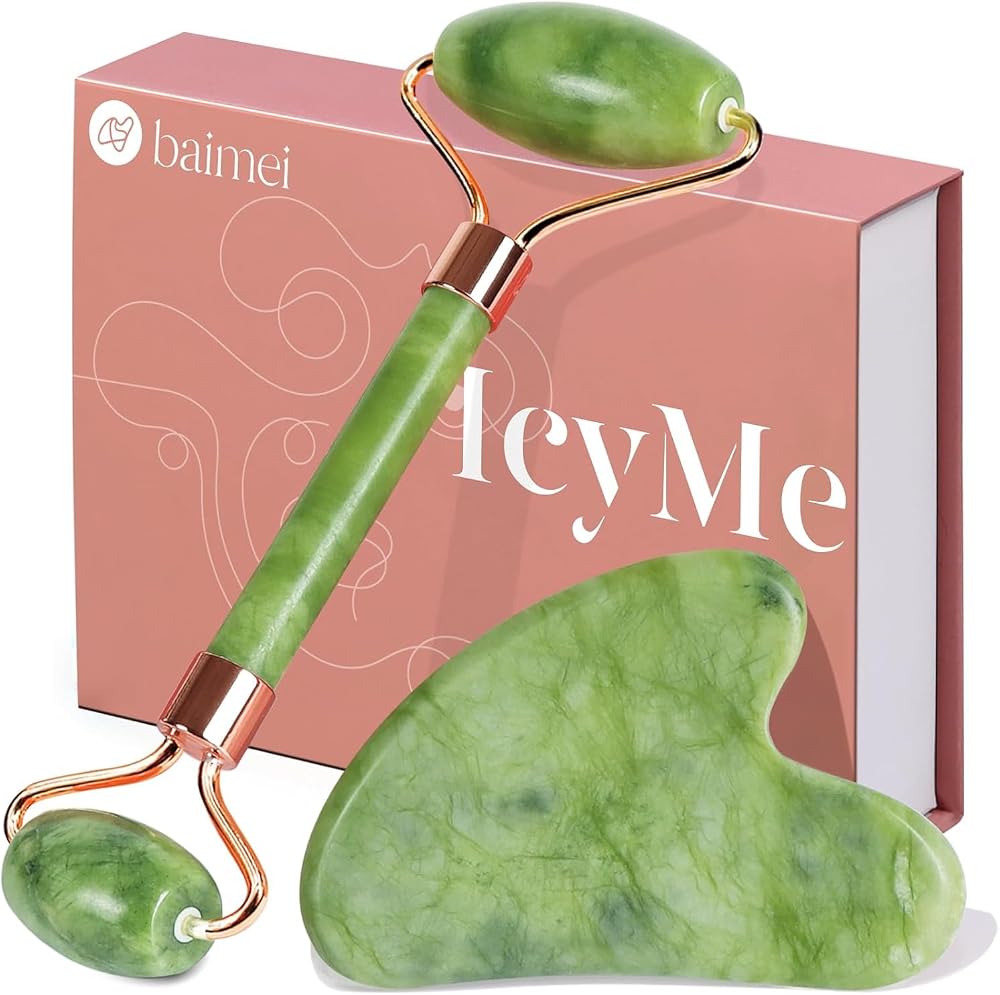 BAIMEI IcyMe Gua Sha & Jade Roller Set for Facial Sculpting and Relaxation | Cooling Face Roller & Guasha Tool for Face Lymph